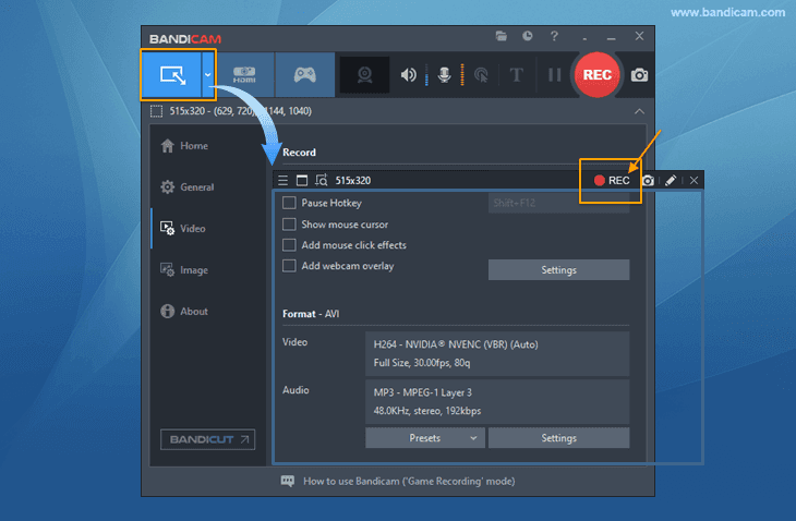 Bandicam, screen recording mode, video capture