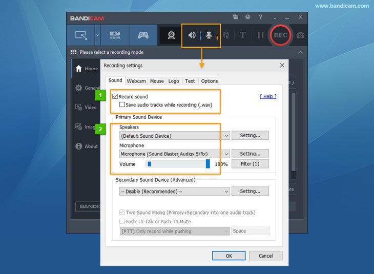 record computer sound and voice, Bandicam Sound settings