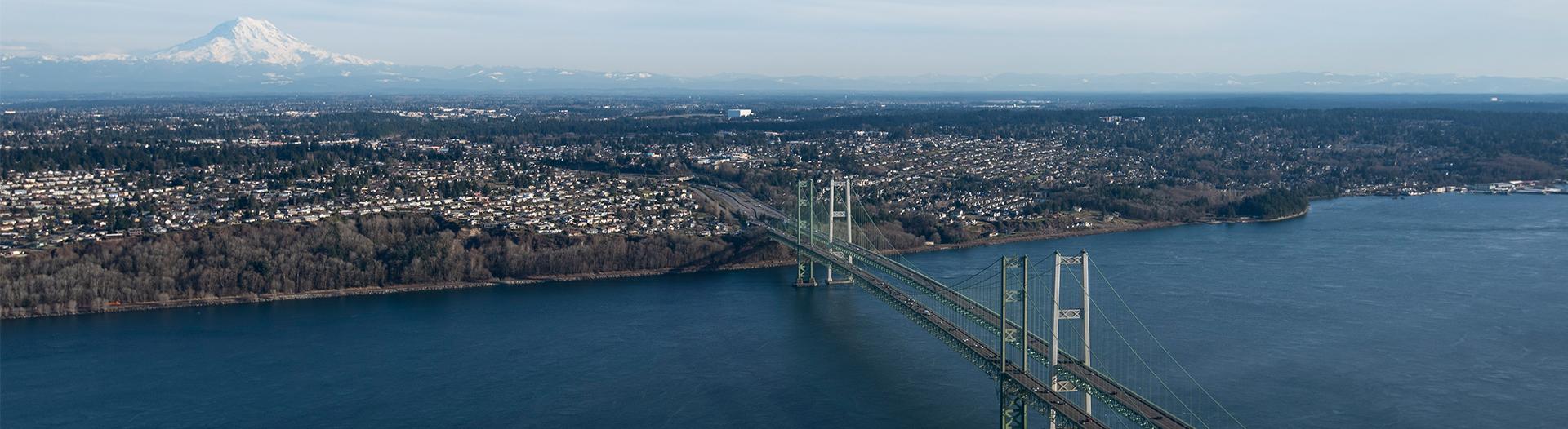 aerial photo of a bridge across water