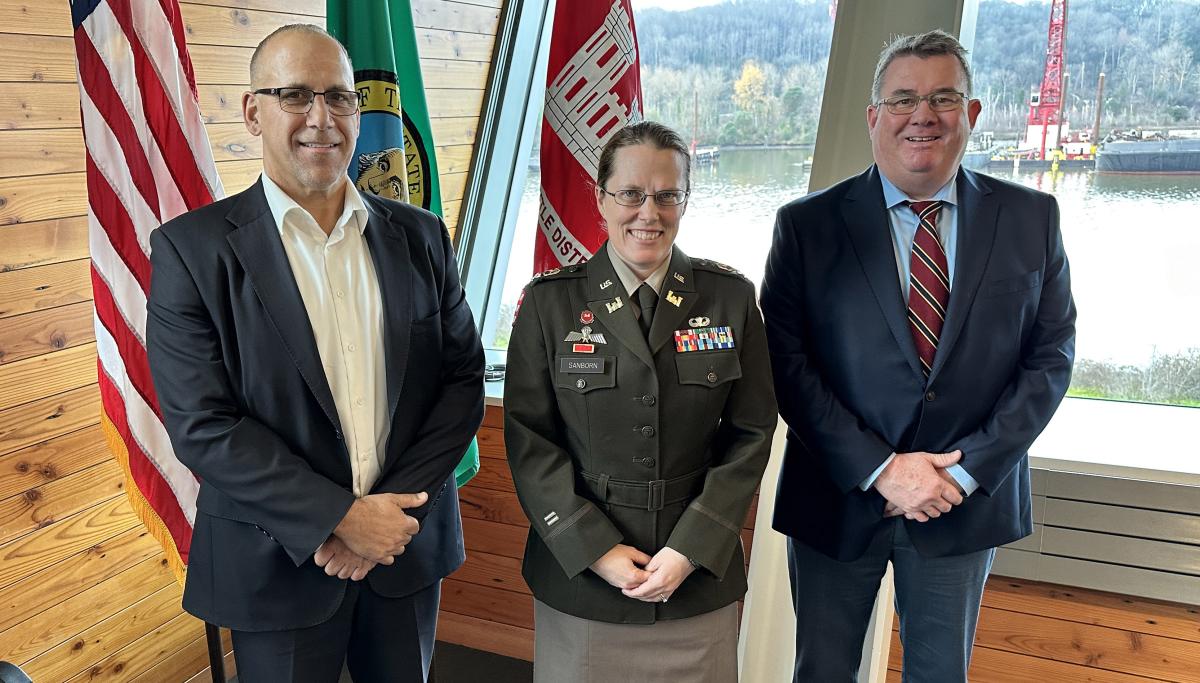 NWSA CEO John Wolfe, USACE-Seattle District commander Col. Kathryn Sanborn, and Port of Tacoma Executive Director, Eric Johnson