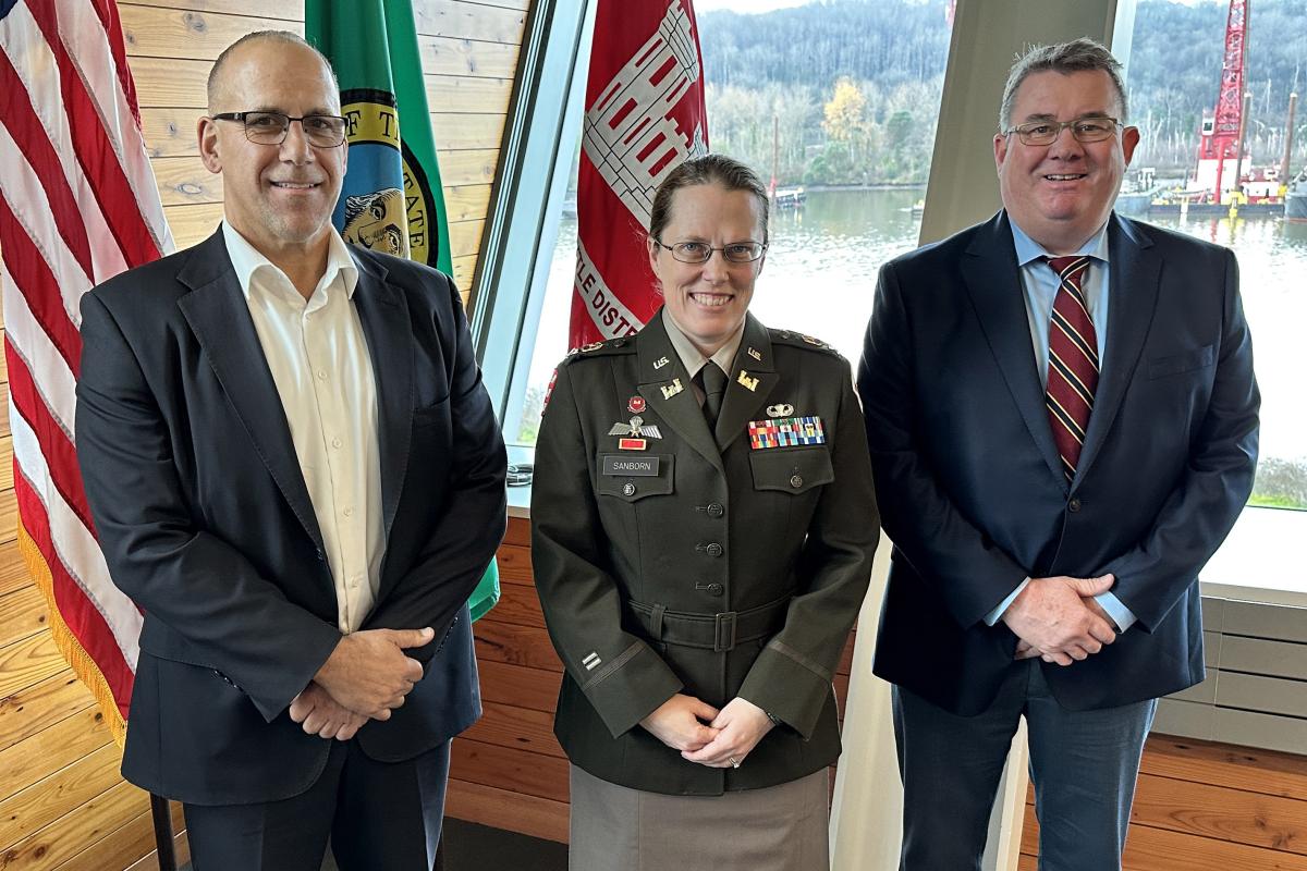 NWSA CEO John Wolfe, USACE-Seattle District commander Col. Kathryn Sanborn, and Port of Tacoma Executive Director, Eric Johnson