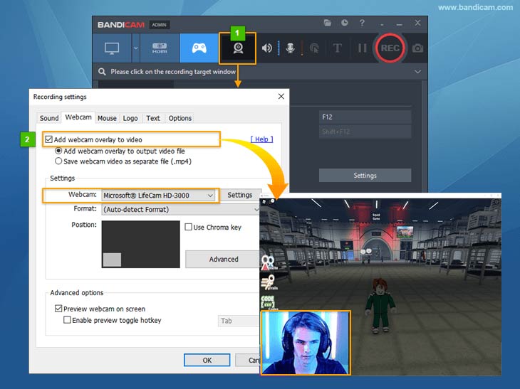 facecam, record Roblox gameplay and webcam