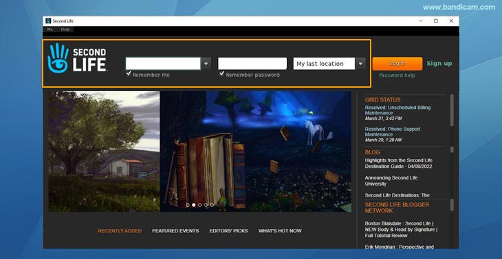 Second Life, log in 