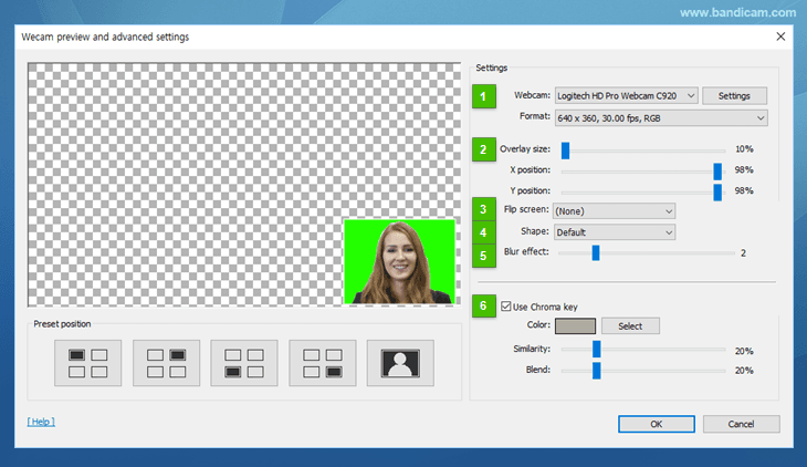 Bandicam Webcam overlay, Advanced settings