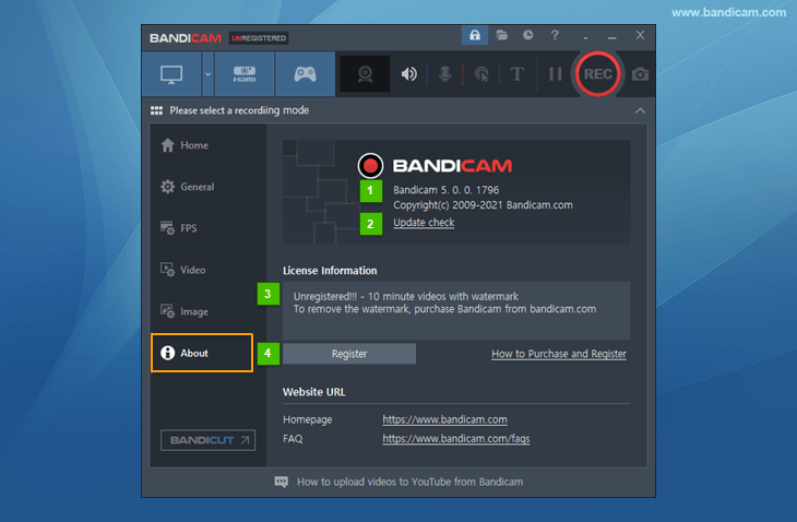 Bandicam - About tab