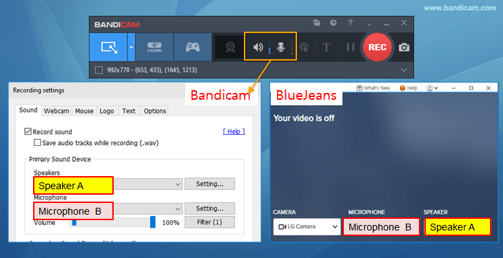 bandicam, bluejeans sound settings