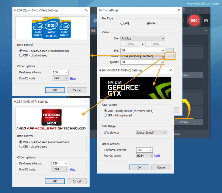 Bandicam, h264 FourCC code, CBR, VBR