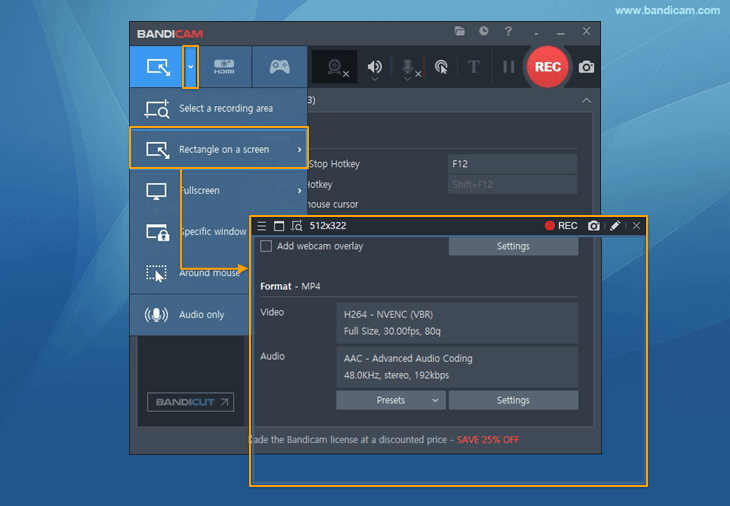 select screen recording mode, Bandicam