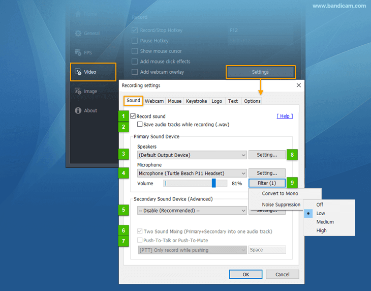 bandicam sound settings