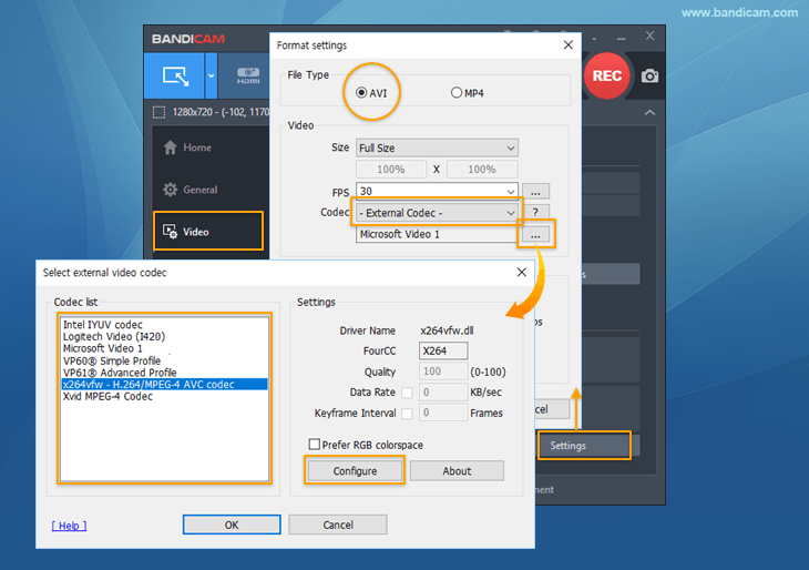 bandicam, vfw, external codec for recording