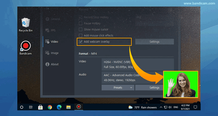 Add webcam overlay, Bandicam