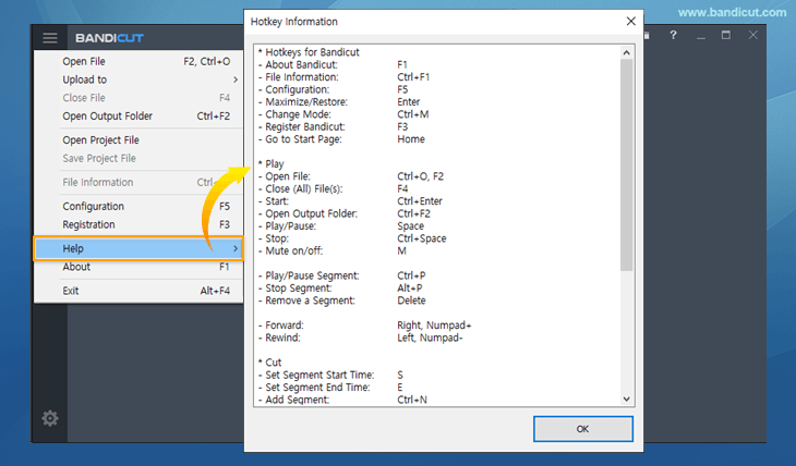 Bandicut hotkey menu