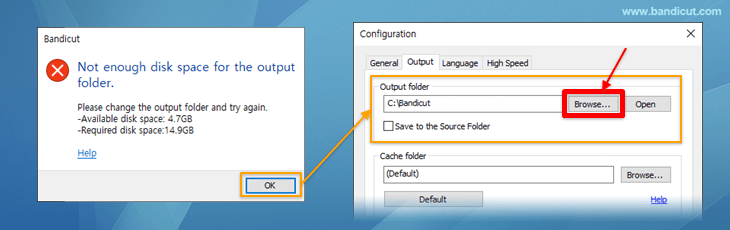 Insufficient storage space, change the output folder