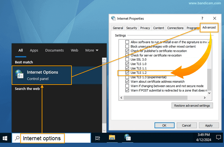 TLS option, Internet Properties