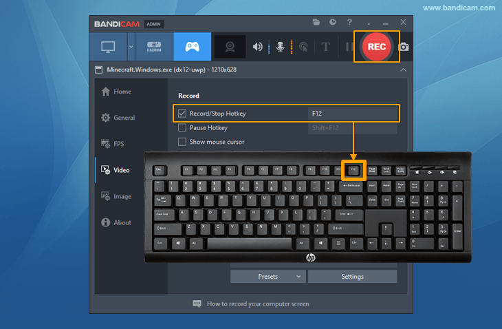 f12 key to start/stop the recording gameplay