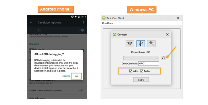 connect DroidCam to PC with USB
