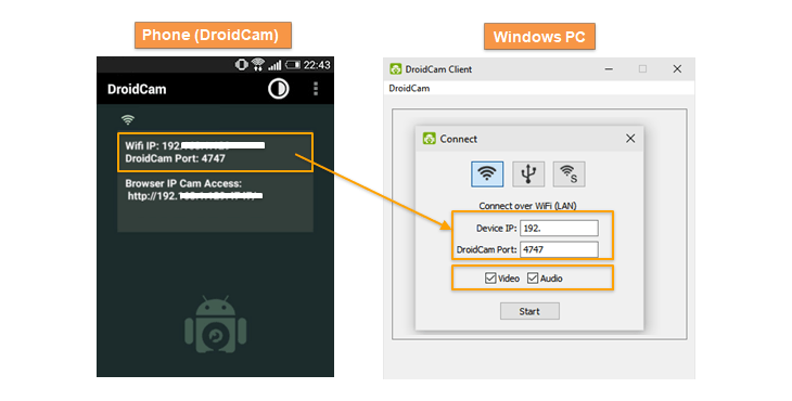 connect over wifi, connect DroidCam to WiFi
