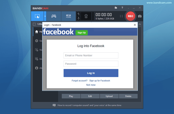 Bandicam, Facebook sign up