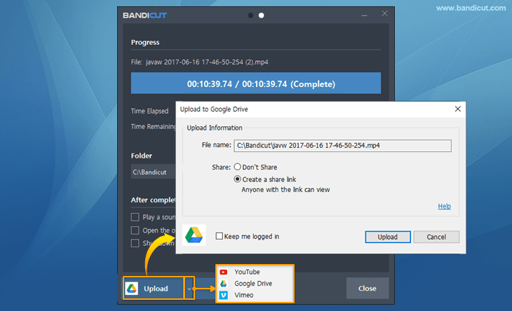 Bandicut Google Drive, Upload button