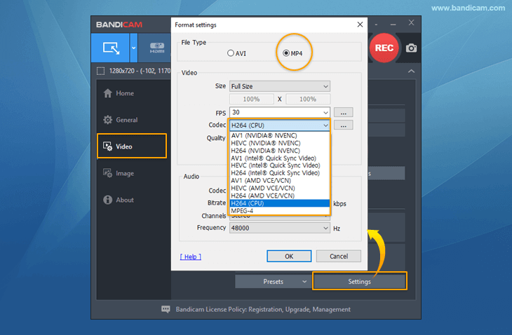 MP4, H264 codec, Bandicam