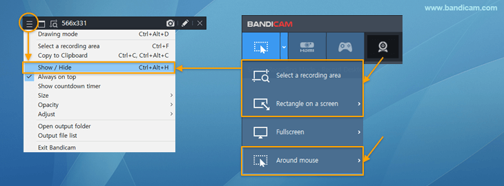 How to hide Bandicam, the recording window