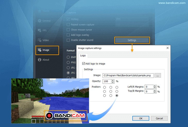 Bandicam, add logo to images, capture