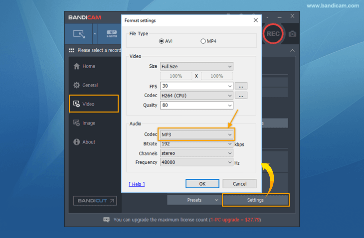 bandicam, mp3 audio codec