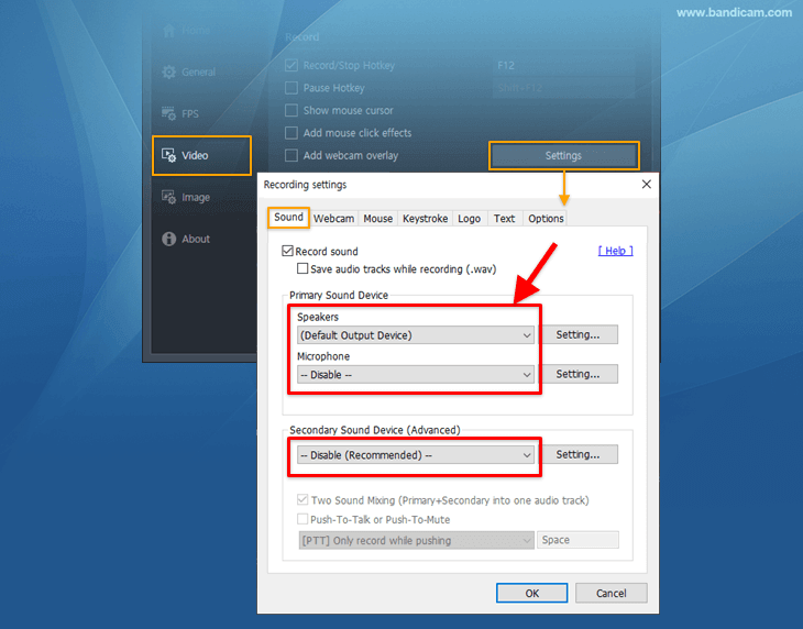 bandicam, disable Secondardy sound device