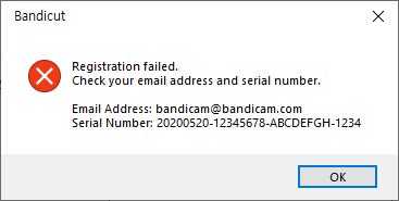 Registration failed, Bandicut serial number