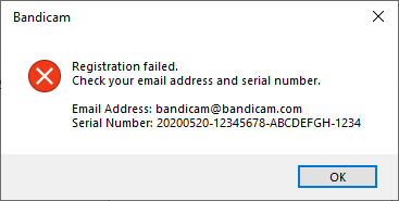 Registration failed, Bandicam serial number