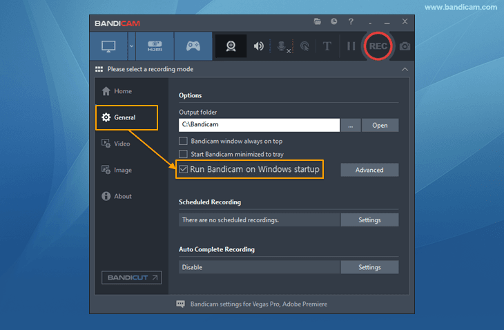 run Bandicam on Windows startup