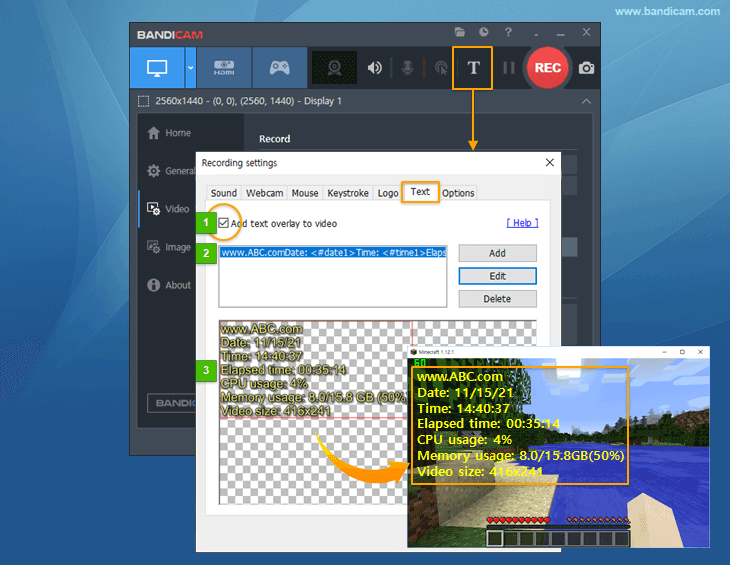 Add text overlay to video, Bandicam