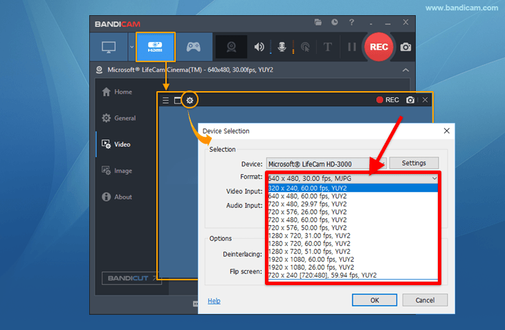 select video device, select format/codec, Bandicam