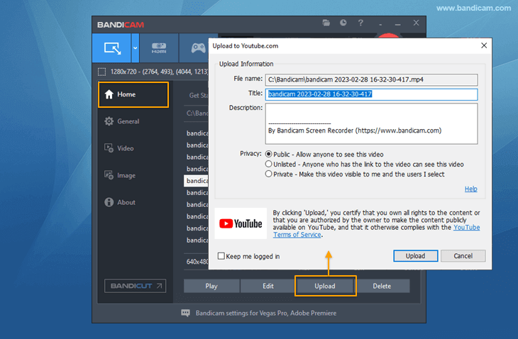 How to upload videos to YouTube, Bandicam