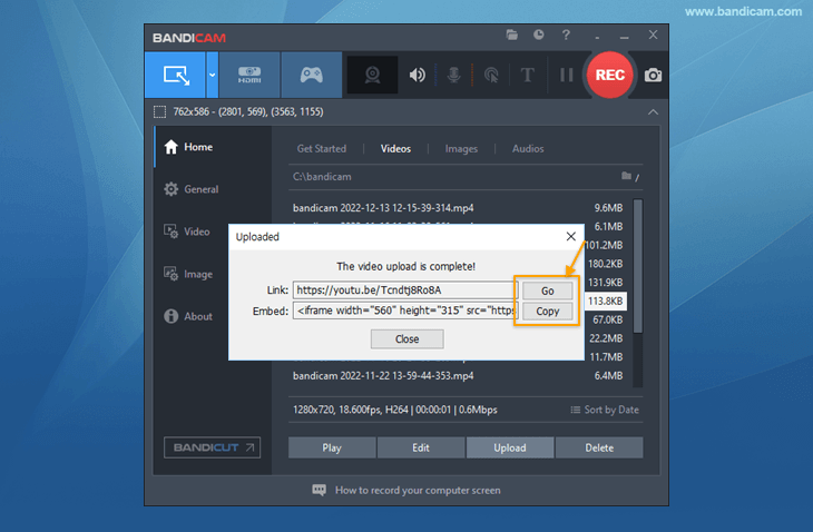 Bandicam, Click the [Copy] button to share your video
